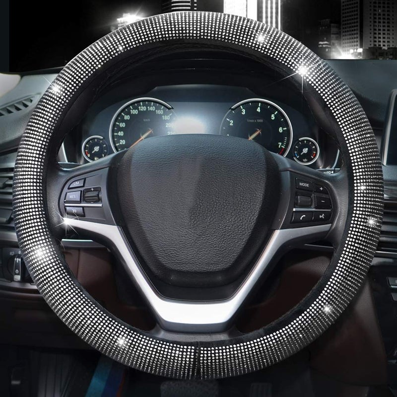Valleycomfy Steering Wheel Cover for Women Men Bling Bling Crystal Diamond Sparkling Car SUV Wheel Protector Universal Fit 15 Inch (Black with White Diamond,Standard Size(14" 1/2-15" 1/4)) - Image 4